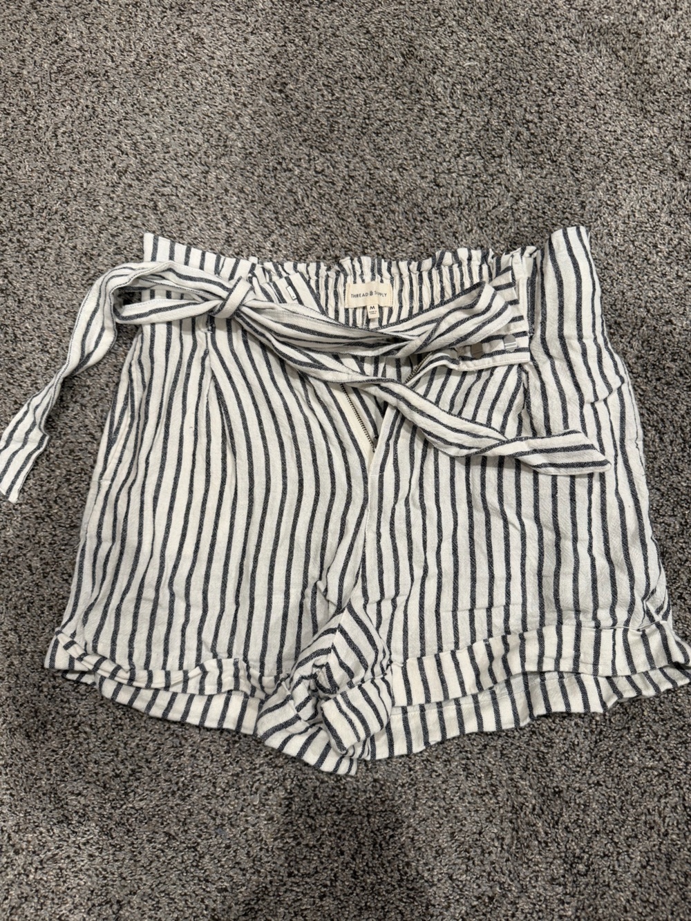Thread & Supply White and Navy Striped Paperbag Waist Shorts